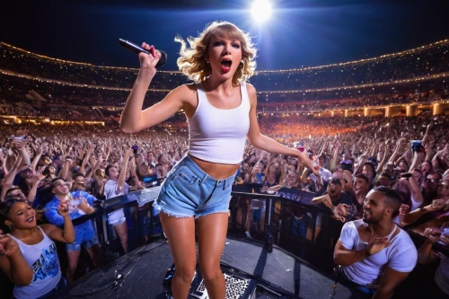 raised hands,concert,madison square garden,the fan's background,playback,concert crowd,white shirt,concert dance,jean shorts,sexy legs,edit icon,cheerleader,singing,spotify icon,concert guitar,confetti,solo entertainer,live concert,stadium falcon,pop music,Art,Classical Oil Painting,Classical Oil Painting 11