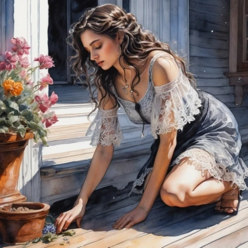 country dress,girl picking flowers,oil painting,flower painting,girl in the garden,italian painter,countrygirl,beautiful girl with flowers,meticulous painting,flower arranging,painter,woman playing,art painting,painting,girl in flowers,young woman,relaxed young girl,girl in the kitchen,oil painting on canvas,romantic portrait