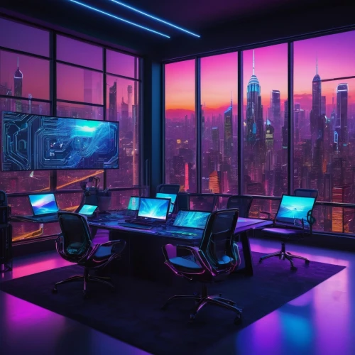 computer room,cyberpunk,modern office,boardroom,computer desk,study room,the server room,conference room,sci fi surgery room,computer workstation,neon human resources,offices,game room,futuristic landscape,meeting room,board room,creative office,cyber,cyberspace,futuristic,Illustration,Japanese style,Japanese Style 13