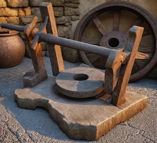 potter's wheel,cannon oven,stonemason's hammer,wooden wheel,mortar and pestle,wooden cable reel,straw press,wood shaper,ancient singing bowls,castle iron market,blacksmith,wooden buckets,block and tackle,wooden spool,exercise equipment,iron wheels,wooden toy,wooden toys,rock rocking horse,old wooden wheel,Photography,General,Realistic