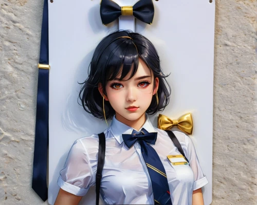 sailor,artist doll,painter doll,japanese doll,stewardess,flight attendant,kantai collection sailor,doll looking in mirror,japanese idol,the japanese doll,kotobukiya,delta sailor,collectible doll,navy suit,tin sign,suspenders,doll's facial features,doll,cosplay image,cute tie,Illustration,Paper based,Paper Based 02