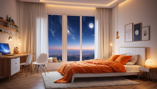 sky apartment,sky space concept,sleeping room,modern room,bedroom window,bedroom,great room,guest room,smart home,room divider,shared apartment,room creator,3d rendering,room,modern decor,bedside lamp,moon and star background,boy's room picture,room lighting,one room,Photography,General,Realistic