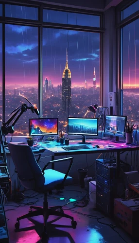 modern office,blur office background,cyberpunk,desk,office desk,creative office,working space,workspace,desk top,offices,study room,computer desk,computer room,desktop,cityscape,secretary desk,computer workstation,work space,office,aesthetic,Illustration,Children,Children 02