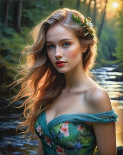 the blonde in the river,world digital painting,girl on the river,fantasy portrait,fantasy art,mystical portrait of a girl,fantasy picture,romantic portrait,girl in flowers,digital painting,photo painting,faery,oil painting,faerie,water nymph,art painting,beautiful girl with flowers,girl in the garden,oil painting on canvas,young woman,Illustration,Realistic Fantasy,Realistic Fantasy 16
