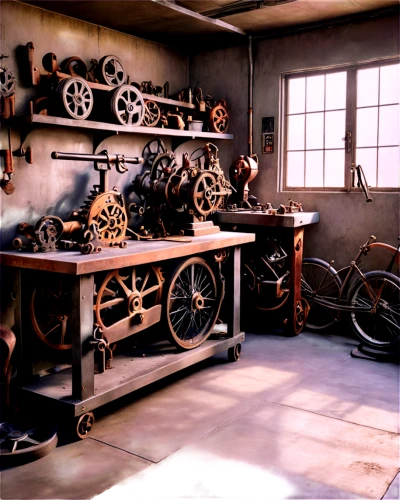 steampunk gears,workbench,bicycle mechanic,steampunk,metalworking,craftsmen,machinery,industrial design,bicycles--equipment and supplies,woodwork,craftsman,bicycle part,metalsmith,watchmaker,metal lathe,bicycles,blacksmith,manufacture,clockmaker,automobile repair shop,Conceptual Art,Fantasy,Fantasy 25