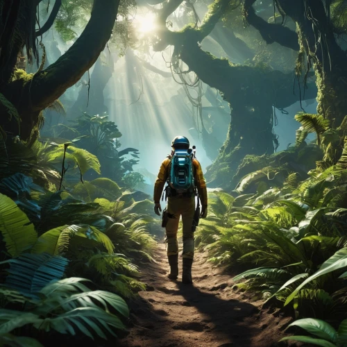 cg artwork,full hd wallpaper,explorer,4k wallpaper,forest man,hd wallpaper,the wanderer,world digital painting,the forest,exploration,forest background,free wilderness,sci fiction illustration,game art,explore,jungle,adventure game,wilderness,zion,green wallpaper,Photography,General,Realistic