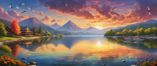 fantasy landscape,fantasy picture,landscape background,fantasy art,autumn landscape,nature landscape,autumn mountains,beautiful landscape,mountain landscape,mountain scene,mountainous landscape,river landscape,art painting,heaven lake,landscape nature,autumn background,panoramic landscape,oil painting on canvas,incredible sunset over the lake,landscapes,Conceptual Art,Sci-Fi,Sci-Fi 07