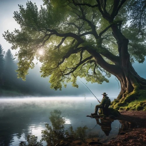 fisherman,morning mist,isolated tree,fishing,casting (fishing),tranquility,fishing camping,fly fishing,lone tree,big-game fishing,fishermen,idyll,people fishing,angling,angler,morning fog,solitude,magic tree,forest tree,rope swing,Photography,General,Realistic