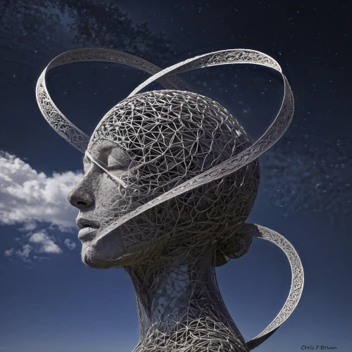 the hat of the woman,fractals art,woman's hat,andromeda,the hat-female,headpiece,astronomer,bicycle helmet,torus,woman sculpture,woman thinking,astral traveler,head woman,fractals,steel sculpture,sculptor ed elliott,3d fantasy,headdress,sci fiction illustration,women's hat