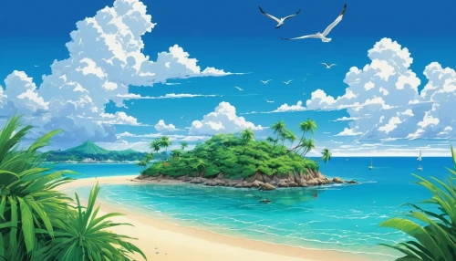 tropical sea,beach landscape,tropical beach,dream beach,tropical island,an island far away landscape,beach scenery,delight island,ocean background,paradise beach,landscape background,caribbean beach,kei islands,ocean paradise,island,beautiful beach,island suspended,bird island,islands,flying island,Illustration,Japanese style,Japanese Style 05