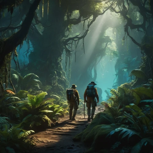 forest workers,monkey island,travelers,hikers,forest walk,rain forest,forest path,concept art,sci fiction illustration,exploration,game illustration,jungle,druid grove,world digital painting,fantasy picture,rainforest,the forest,cg artwork,game art,the mystical path,Photography,General,Fantasy