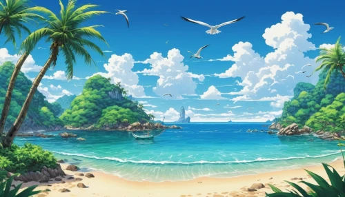 ocean background,tropical sea,dream beach,beach landscape,beach scenery,summer background,tropical beach,cartoon video game background,landscape background,ocean paradise,paradise beach,beautiful beach,dolphin background,tropical island,french digital background,mountain beach,beach background,delight island,an island far away landscape,background images,Illustration,Japanese style,Japanese Style 05