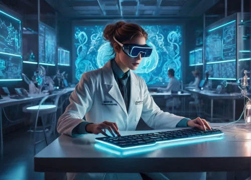 researcher,sci fiction illustration,women in technology,cyber glasses,laboratory information,sci fi surgery room,girl at the computer,female doctor,forensic science,pathologist,scientist,science education,electronic medical record,biologist,medical technology,lab,laboratory,theoretician physician,researchers,microbiologist,Illustration,Retro,Retro 08