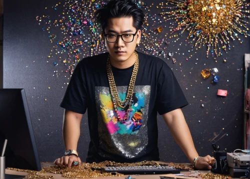 fire artist,dj,kai bei,kai yang,janome chow,dai pai dong,yusheng,table artist,artist portrait,dried shredded squid,artisan,joss stick,hon khoi,dragon li,t-shirt printing,paint splatter,blowing glitter,kaew chao chom,metalsmith,jewelry manufacturing,Illustration,Japanese style,Japanese Style 09