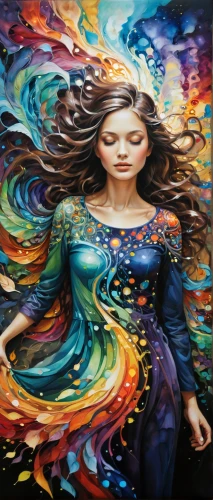 little girl in wind,psychedelic art,mystical portrait of a girl,oil painting on canvas,art painting,girl walking away,dance with canvases,colorful background,woman walking,boho art,fabric painting,meticulous painting,bodypainting,the festival of colors,creative background,girl in a long,fantasy art,chalk drawing,mermaid background,girl in a long dress,Conceptual Art,Daily,Daily 34