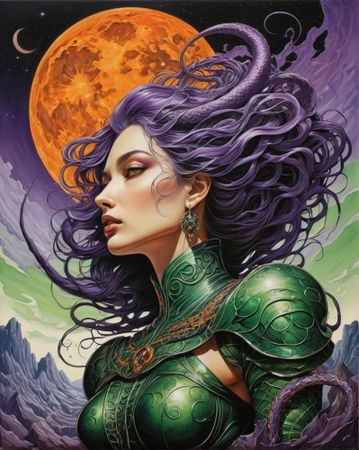 medusa,medusa gorgon,zodiac sign libra,gorgon,sorceress,anahata,fantasy woman,the enchantress,fantasy art,la violetta,celtic queen,green mermaid scale,zodiac sign gemini,purple moon,caerula,fantasy portrait,warrior woman,ipê-purple,the zodiac sign taurus,andromeda,Illustration,Realistic Fantasy,Realistic Fantasy 45