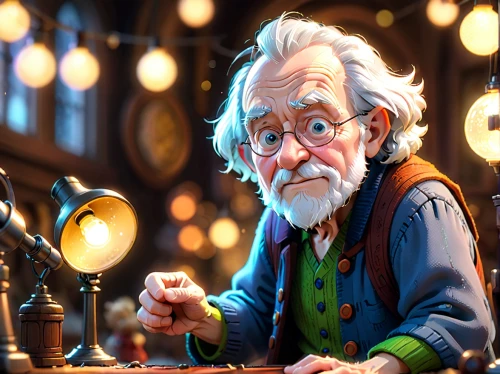 watchmaker,clockmaker,geppetto,old trading stock market,gnome and roulette table,the wizard,tinsmith,digital compositing,game illustration,elderly man,candlemaker,examining,sci fiction illustration,cg artwork,archimedes,old age,grandfather,cinema 4d,conductor,professor,Anime,Anime,Cartoon