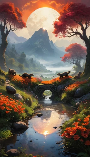 fantasy landscape,mushroom landscape,landscape background,fantasy picture,world digital painting,nature landscape,autumn landscape,forest landscape,beautiful landscape,meadow landscape,landscape nature,mountain landscape,high landscape,virtual landscape,druid grove,fantasy art,river landscape,landscapes,volcanic landscape,cartoon video game background,Conceptual Art,Fantasy,Fantasy 11