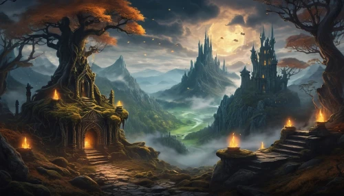 fantasy landscape,fantasy picture,fantasy art,druid grove,elven forest,devilwood,haunted forest,mushroom landscape,forest landscape,northrend,volcanic landscape,hall of the fallen,witch's house,the mystical path,mountain settlement,ancient city,halloween background,arcanum,hollow way,swampy landscape,Illustration,Realistic Fantasy,Realistic Fantasy 46