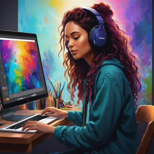 girl at the computer,world digital painting,digital painting,girl studying,illustrator,painting technique,hand digital painting,digital art,girl drawing,photoshop school,digital creation,computer art,music workstation,music background,woman playing,wpap,adobe photoshop,vector art,artist,graphics tablet,Illustration,Realistic Fantasy,Realistic Fantasy 06