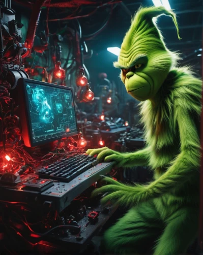 grinch,cyber crime,patrol,computer freak,kasperle,kermit,cyber,cybercrime,hacking,night administrator,cyber security,cybersecurity,malware,hacker,cyberspace,sysadmin,man with a computer,szymbark,cyberbullying,computer game,Illustration,Realistic Fantasy,Realistic Fantasy 07