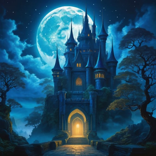 fairy tale castle,fairytale castle,haunted castle,witch's house,ghost castle,castle of the corvin,fantasy picture,gothic architecture,witch house,fantasy landscape,moonlit night,knight's castle,fairy tale,fantasy world,haunted cathedral,halloween background,a fairy tale,castel,gothic style,fantasy art,Illustration,Retro,Retro 17