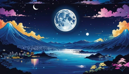 lunar landscape,dream world,fantasy world,blue planet,blue moon,moon and star background,herfstanemoon,moonlit night,lunar,fantasy landscape,moon valley,moon at night,fantasy picture,fairy world,moon night,waterglobe,earth rise,phase of the moon,night scene,ocean paradise,Illustration,Japanese style,Japanese Style 04