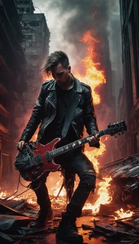 terminator,rain of fire,city in flames,guitar solo,rocker,renegade,apocalyptic,guitar player,lead guitarist,music background,rock music,hot metal,apocalypse,guitarist,guitar,axe,electric guitar,fury,conflagration,punk,Illustration,Realistic Fantasy,Realistic Fantasy 36