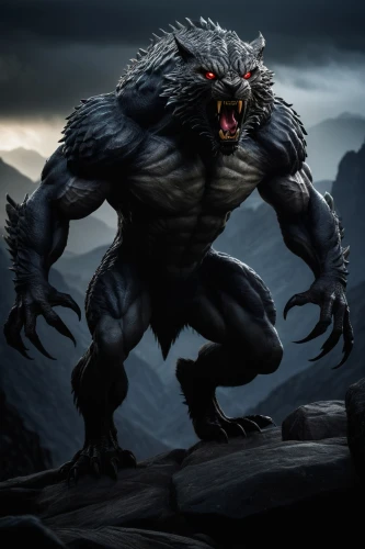 werewolf,werewolves,wolfman,tasmanian devil,howling wolf,black shepherd,canis panther,wolf,black warrior,wolf hunting,leopard's bane,wolfdog,gray wolf,daemon,brute,snarling,supernatural creature,wolverine,posavac hound,roaring,Illustration,Realistic Fantasy,Realistic Fantasy 22