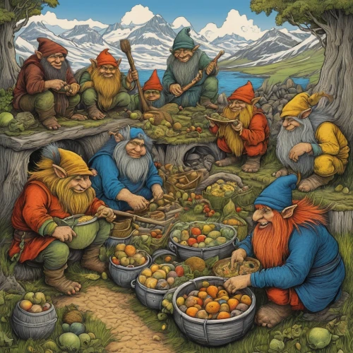 gnomes at table,gnomes,dwarf cookin,dwarves,permaculture,dwarfs,gnome and roulette table,forest workers,foragers,frog gathering,gnome ice skating,harvest festival,game illustration,feeding place,salad bar,villagers,food table,hobbit,scandia gnomes,farmer's market,Illustration,Paper based,Paper Based 10