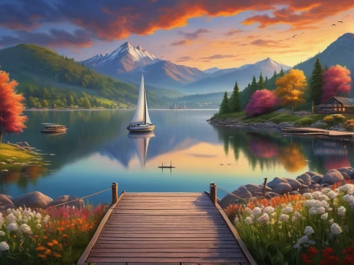 boat landscape,landscape background,autumn landscape,beautiful landscape,fantasy landscape,nature landscape,beautiful lake,fall landscape,autumn background,autumn mountains,mountain lake,landscape nature,landscapes beautiful,coastal landscape,fantasy picture,river landscape,autumn scenery,autumn idyll,home landscape,mountain landscape,Illustration,American Style,American Style 03