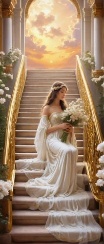 fantasy picture,sun bride,golden weddings,girl on the stairs,celtic woman,wedding frame,bridal,way of the roses,romantic portrait,fantasy art,dead bride,romantic scene,wedding photo,bride,angel playing the harp,silver wedding,bridal dress,world digital painting,celtic harp,yellow rose background,Art,Classical Oil Painting,Classical Oil Painting 42