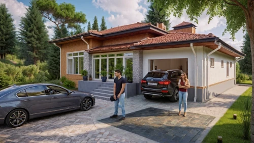3d rendering,driveway,smart home,folding roof,garage,holiday villa,electric charging,residential house,floorplan home,garden elevation,open-plan car,modern house,family home,villa,private house,small house,garage door,render,automotive exterior,bungalow