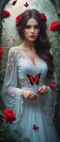 scent of roses,red roses,faery,red petals,fantasy picture,romantic portrait,wild roses,beautiful girl with flowers,girl in flowers,mystical portrait of a girl,rosebushes,secret garden of venus,way of the roses,red butterfly,red rose,faerie,fantasy art,red poppies,cupido (butterfly),rose white and red,Conceptual Art,Fantasy,Fantasy 14