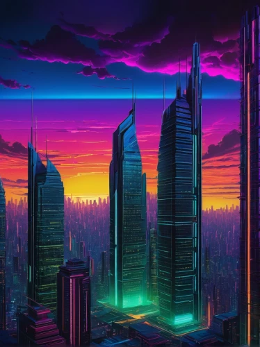 cityscape,futuristic landscape,cyberpunk,colorful city,city skyline,fantasy city,skyscrapers,skyline,futuristic,metropolis,evening city,vast,skyscraper,vapor,city,80's design,sky city,high-rises,cyberspace,scifi,Art,Classical Oil Painting,Classical Oil Painting 28