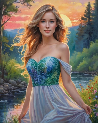 celtic woman,girl on the river,the blonde in the river,fantasy art,romantic portrait,water nymph,oil painting on canvas,fantasy picture,fantasy portrait,landscape background,art painting,oil painting,mermaid background,young woman,girl in a long dress,world digital painting,mystical portrait of a girl,photo painting,portrait background,enchanting,Conceptual Art,Daily,Daily 31