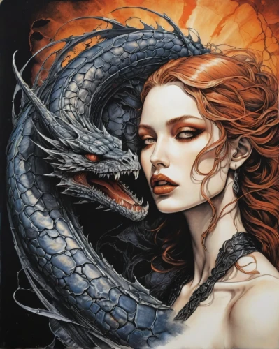 serpent,wyrm,fantasy art,siren,medusa,black dragon,scorpio,gorgon,gemini,fantasy portrait,angel and devil,basilisk,dragon slayer,dragon,sirens,draconic,daemon,fantasy picture,fantasy woman,dragon fire,Art,Classical Oil Painting,Classical Oil Painting 07