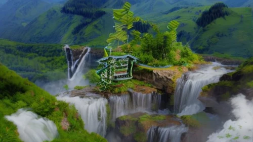 green waterfall,tower fall,waterfalls,hydropower plant,wasserfall,house in mountains,brown waterfall,water fall,green landscape,water falls,tree house hotel,bridal veil fall,falls of the cliff,hydroelectricity,ilse falls,waterfall,miniature house,house in the mountains,a small waterfall,flour mill,Realistic,Foods,None