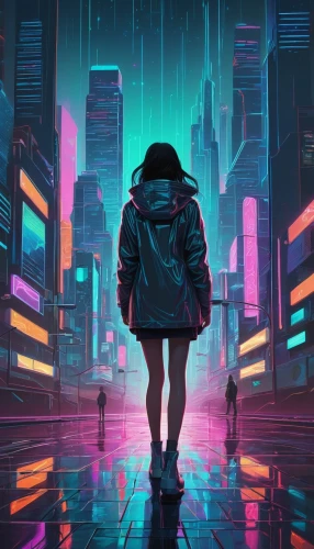 cyberpunk,pedestrian,cyber,girl walking away,neon lights,vapor,neon,neon light,cyan,futuristic,cityscape,walking in the rain,ultraviolet,neon ghosts,dystopian,world digital painting,neon arrows,80's design,cyberspace,city lights,Illustration,Japanese style,Japanese Style 15