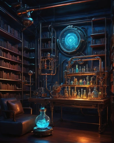 apothecary,bookshelves,potions,sci fiction illustration,bookcase,bookshelf,blue room,study room,laboratory,clockmaker,book wall,alchemy,dark cabinetry,blue lamp,shelves,consulting room,pharmacy,candlemaker,the shelf,reading room,Illustration,Abstract Fantasy,Abstract Fantasy 12