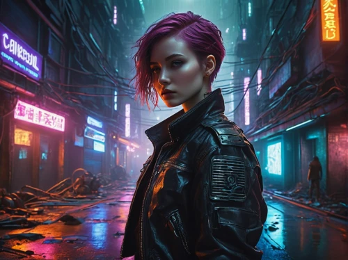 cyberpunk,dystopian,renegade,punk,ultraviolet,urban,futuristic,world digital painting,jacket,neon arrows,cyber,echo,shanghai,neon lights,hong kong,taipei,violet,dystopia,streampunk,dusk,Illustration,Retro,Retro 19