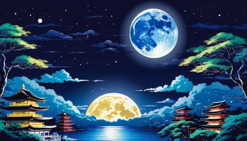 dream world,fantasy world,earth rise,japan's three great night views,other world,lunar landscape,fantasy picture,snowglobes,blue moon,cartoon video game background,mid-autumn festival,moonlit night,world digital painting,fairy world,blue planet,global oneness,night scene,fantasy landscape,moon phase,japan landscape,Illustration,Japanese style,Japanese Style 04