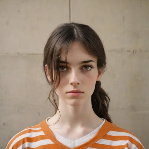 polo shirt,portrait of a girl,model,female model,girl in t-shirt,asymmetric cut,andrea vitello,young woman,pale,model beauty,shoulder length,liberty cotton,striped background,simone simon,beautiful face,jaw,cotton top,orange,portrait,art model,Photography,Natural