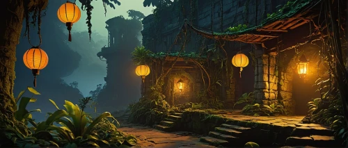 lanterns,lantern,cartoon video game background,fantasy landscape,fairy lanterns,fairy village,bamboo forest,illuminated lantern,elven forest,hanging temple,hanging lantern,druid grove,forest path,enchanted forest,the mystical path,world digital painting,ancient city,night scene,pathway,fantasy picture,Illustration,American Style,American Style 09