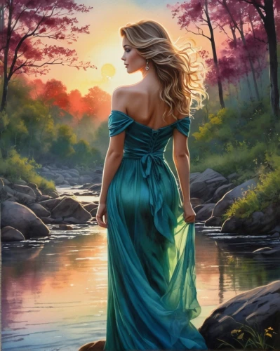 girl on the river,the blonde in the river,landscape background,fantasy picture,girl in a long dress,celtic woman,water nymph,oil painting on canvas,girl in a long dress from the back,fantasy art,world digital painting,romantic portrait,mermaid background,oil painting,art painting,river landscape,romantic scene,flowing water,mystical portrait of a girl,enchanting,Illustration,Black and White,Black and White 31