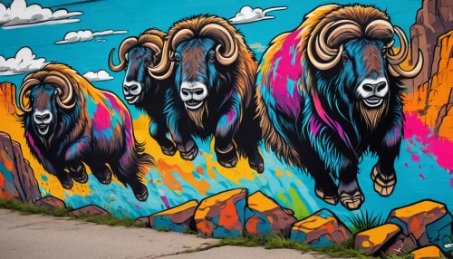 buffalo herd,buffalo,grizzlies,buffaloes,rams,bighorn,buffalos,muskox,bison,buffalo herder,mural,bighorn ram,horned cows,oxen,graffiti art,wild sheep,elks,streetart,yak,herd of goats,Conceptual Art,Graffiti Art,Graffiti Art 07