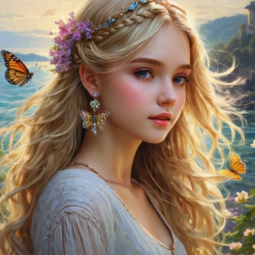 fantasy art,fantasy portrait,faery,fantasy picture,faerie,vanessa (butterfly),jessamine,fairy queen,mystical portrait of a girl,fairy tale character,princess' earring,beautiful girl with flowers,enchanting,fairy,romantic portrait,butterfly background,little girl fairy,flower fairy,eglantine,cupido (butterfly),Art,Classical Oil Painting,Classical Oil Painting 32