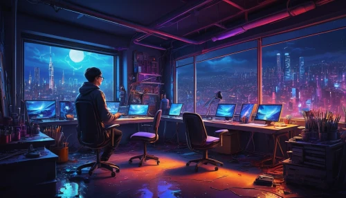 cyberpunk,computer room,man with a computer,computer workstation,computer,night administrator,computer art,the server room,creative office,computer addiction,working space,cyberspace,computer game,computer desk,modern office,computers,cyber,computer games,computer freak,desktop computer,Illustration,Children,Children 05