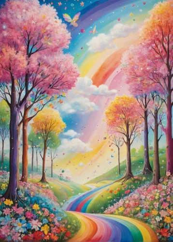 colorful tree of life,meadow in pastel,springtime background,oil painting on canvas,art painting,fairy forest,forest landscape,colorful background,landscape background,rainbow bridge,harmony of color,flower painting,blooming field,blooming trees,psychedelic art,spring background,pathway,nature landscape,tree grove,the mystical path,Illustration,Paper based,Paper Based 09