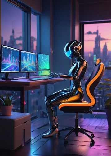 new concept arms chair,neon human resources,computer desk,man with a computer,girl at the computer,computer workstation,cyberpunk,office chair,computer freak,computer,computer room,tracer,desktop computer,futuristic,computer business,neon coffee,chair png,night administrator,blur office background,compute,Unique,3D,3D Character